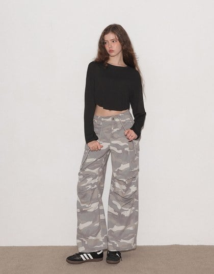 Drawstring Waist Wide Leg Cargo Pants (Camo Print/Leopard Print)