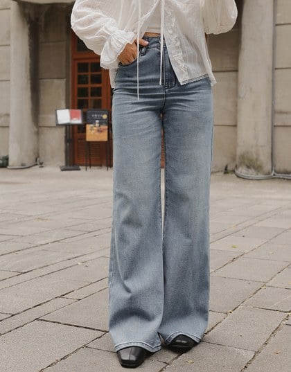 【Ling Cheng Design】Vintage Wash High Waist Jeans Denim Wide Leg Pants