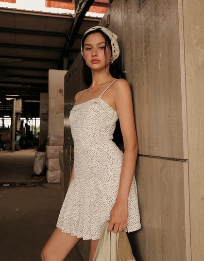 Spaghetti Strap Polka Dot Pleated Cami Mini Dress