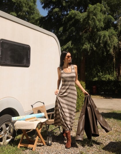 Sleeveless Scoop Neck Striped Knit Bodycon Maxi Dress
