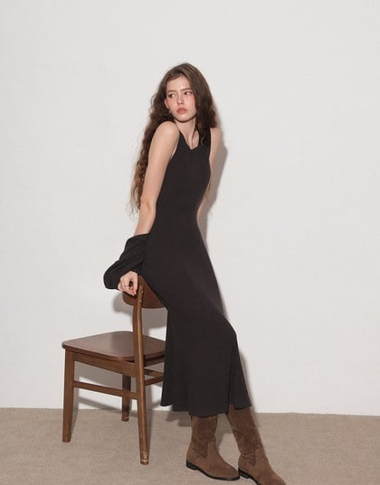 Sleeveless Knit Maxi Dress and Detachable Sleeve Cardigan Set Wear