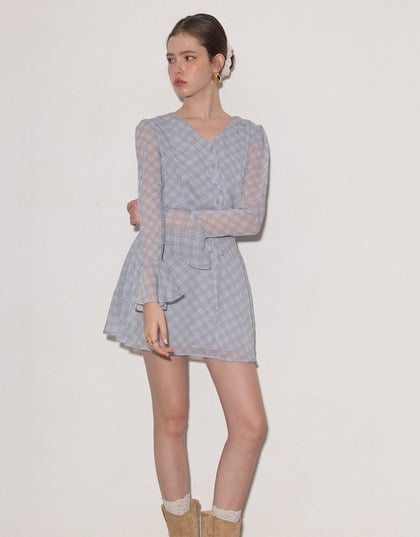 Drawstring Waist V Neck Flare Sleeve Mini Dress with Backless Bow Tie Detail