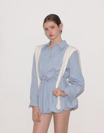 Adjustable Drawstring Waist Balloon Hem Shirt Dress