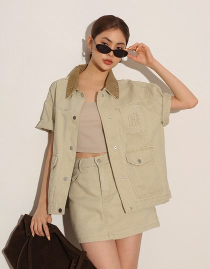 Contrast Collar Short Sleeve Jeans Denim Jacket