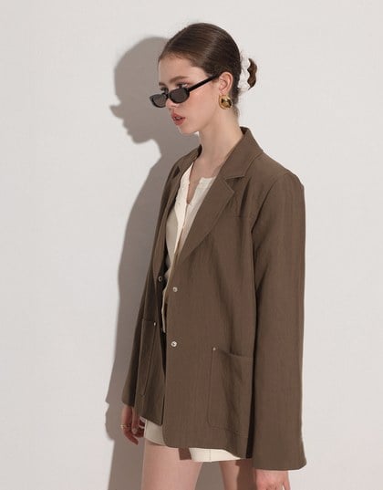 Oversized Lapel Blazer with Patch Pockets Detail