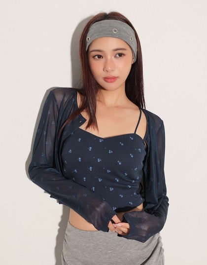 Sheer Mesh Long Sleeve Cardigan with Matching Floral Print Padded Crop Cami Top Set Wear
