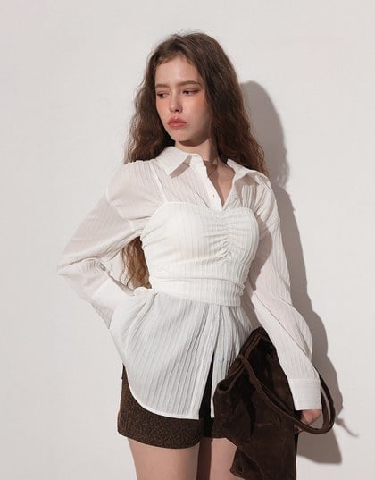Striped Button Down Shirt Blouse with Ruched Cami Bra Top Set Wear