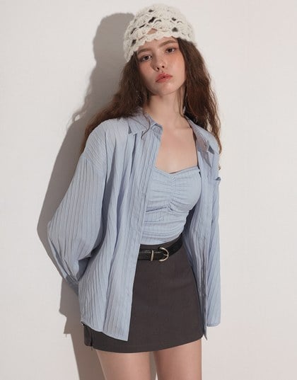 Striped Button Down Shirt Blouse with Ruched Cami Bra Top Set Wear
