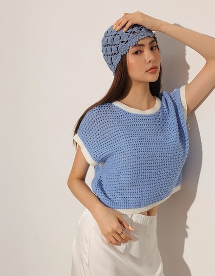 Contrast Trim Open Knit Crop Tank Top