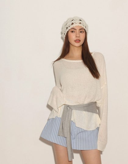 Sheer Round Neck Long Sleeve Oversized Knit Top