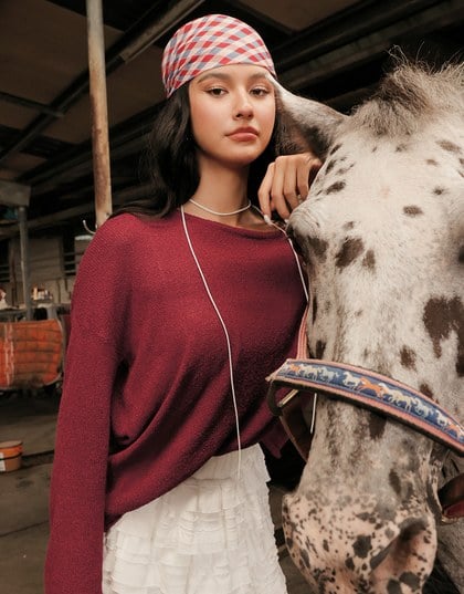 Sheer Round Neck Long Sleeve Oversized Knit Top
