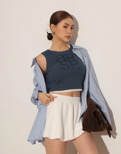 Crop Ribbed Knit Tank Top with AIR SPACE Logo Embroidered