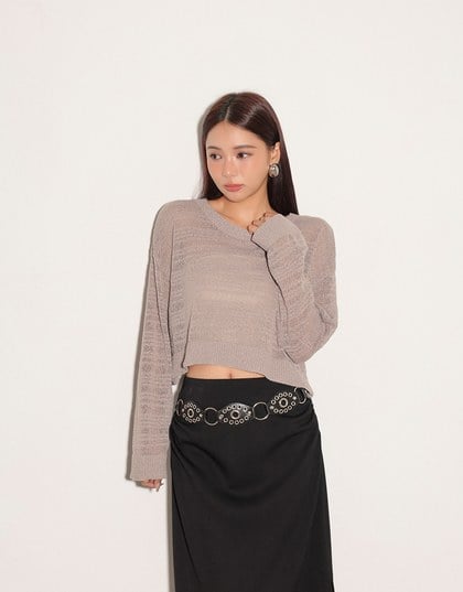 Sheer Striped Knit Relaxed Fit Long Sleeve Sweater