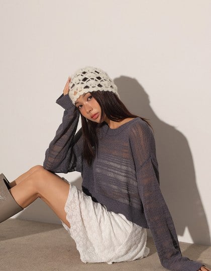 Sheer Striped Knit Relaxed Fit Long Sleeve Sweater