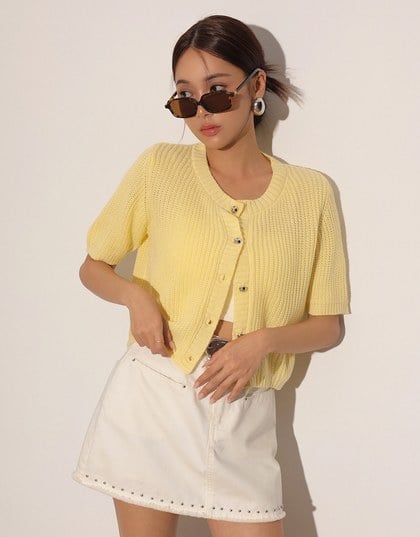 Round Neck Ribbed Knit Button Up Cardigan Top