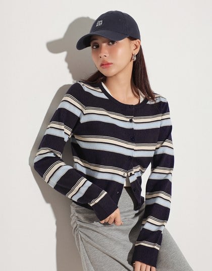 Contrast Striped Knit Button Up Cropped Cardigan