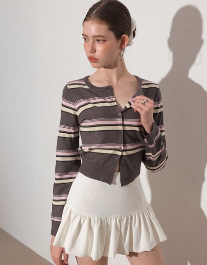 Contrast Striped Knit Button Up Cropped Cardigan