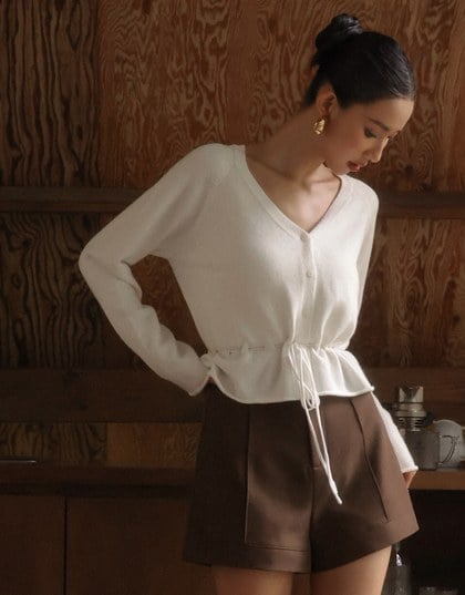 Drawstring Waist V Neck Button Down Knit Cardigan Top