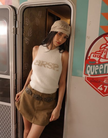Fluffy Faux Fur Sleeveless Crop Tank Top with AIR SPACE Logo Embroidered