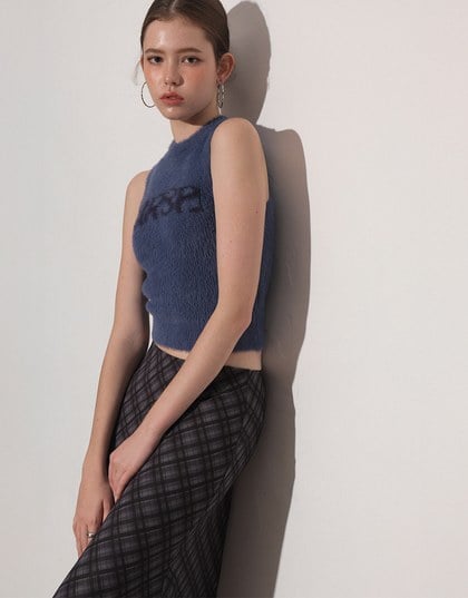 Fluffy Faux Fur Sleeveless Crop Tank Top with AIR SPACE Logo Embroidered