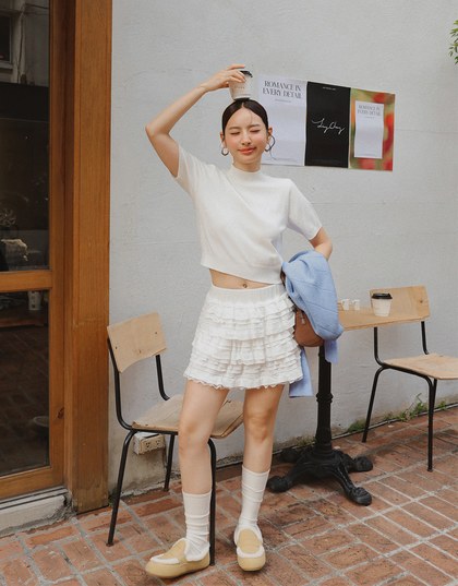 【Ling Cheng Design】Mock Neck Short Sleeve Fitted Ribbed Knit Top