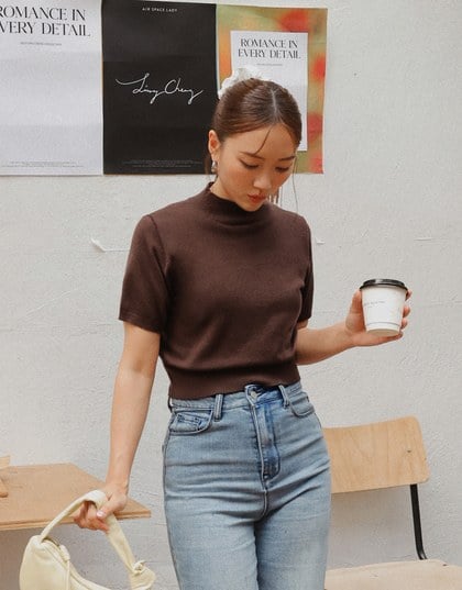 【Ling Cheng Design】Mock Neck Short Sleeve Fitted Ribbed Knit Top