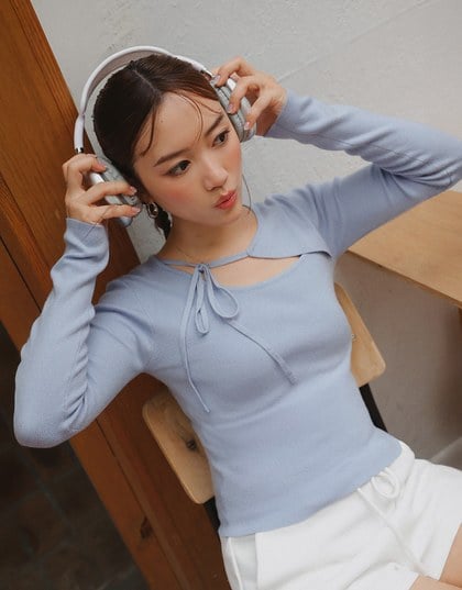【Ling Cheng Design】Asymmetric Front Tie Knit Long Sleeve Top