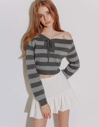 Lace Up Neckline Striped Knit Cropped Long Sleeve Crop Sweater