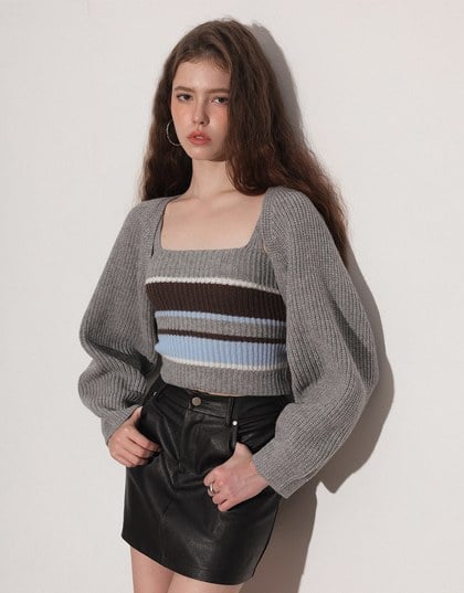 Long Sleeve Knit Cropped Cardigan with Contrast Stripe Cami Top Set Wear