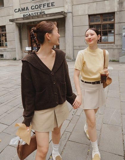 【Ling Cheng Design】Soft Knit Sailor Collar Knit Cardigan with Patch Pockets