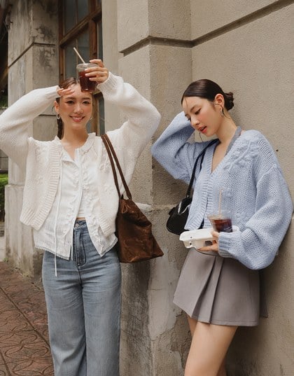 【Ling Cheng Design】Wool Blend V neck Flower Embroidered Button Cardigan