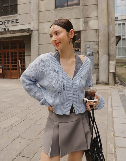 【Ling Cheng Design】Wool Blend V neck Flower Embroidered Button Cardigan