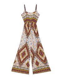 V-Neck Totem Print Overlap Slit Jumpsuit