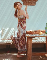 V-Neck Totem Print Overlap Slit Jumpsuit