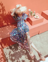 Exotic Printed Deep V-Neck Ribbon Slit Maxi Dress