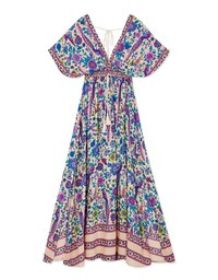 Exotic Printed Deep V-Neck Ribbon Slit Maxi Dress