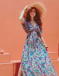 Exotic Printed Deep V-Neck Ribbon Slit Maxi Dress
