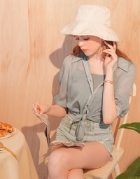 Textured Sheer 3/4 Sleeves Blouse & Cami Set Wear