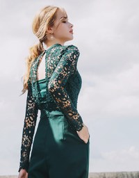 Transparent Jacquard Lace Hollow Back Jumpsuit (with Bralette)