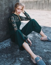 Transparent Jacquard Lace Hollow Back Jumpsuit (with Bralette)