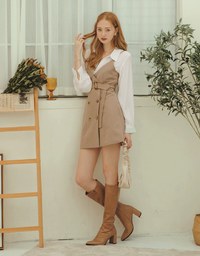 Korean Style Thin Straps Double-Breasted Belted Mini Dress