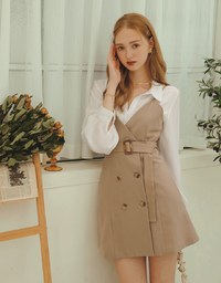 Korean Style Thin Straps Double-Breasted Belted Mini Dress