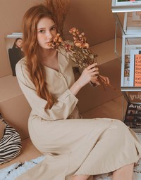 Elegant Ribbon-Back Button-Down Fishtail Midi Dress