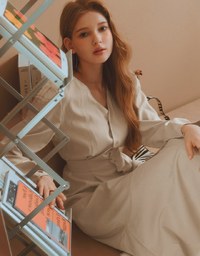 Elegant Ribbon-Back Button-Down Fishtail Midi Dress