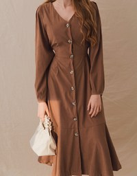 Elegant Ribbon-Back Button-Down Fishtail Midi Dress