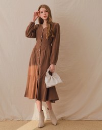 Elegant Ribbon-Back Button-Down Fishtail Midi Dress