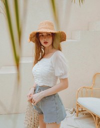 Ruched Puffy Sleeve Crop Top