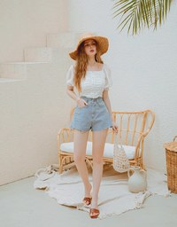 Ruched Puffy Sleeve Crop Top
