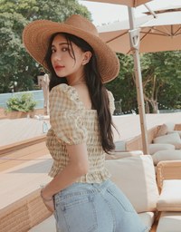 Plaid Shirred Frill Fluttery Top