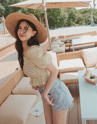 Plaid Shirred Frill Fluttery Top
